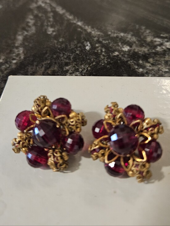 Jewelry - Vintage 1964 Crown Trifari Renaissance Clip On Earrings Cranberry glass cluster